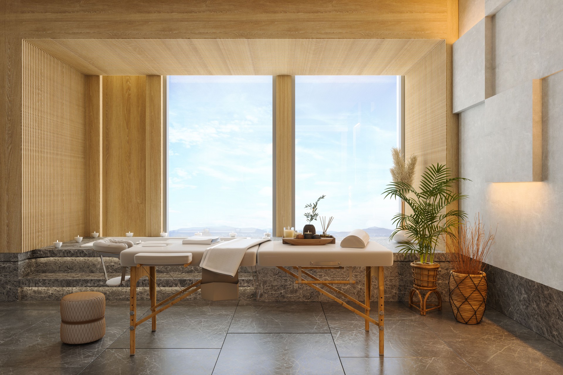 Luxury Spa Massage Room Interior With Massage Table, Hot Tub, Marble Floor And Seaview Through The Window